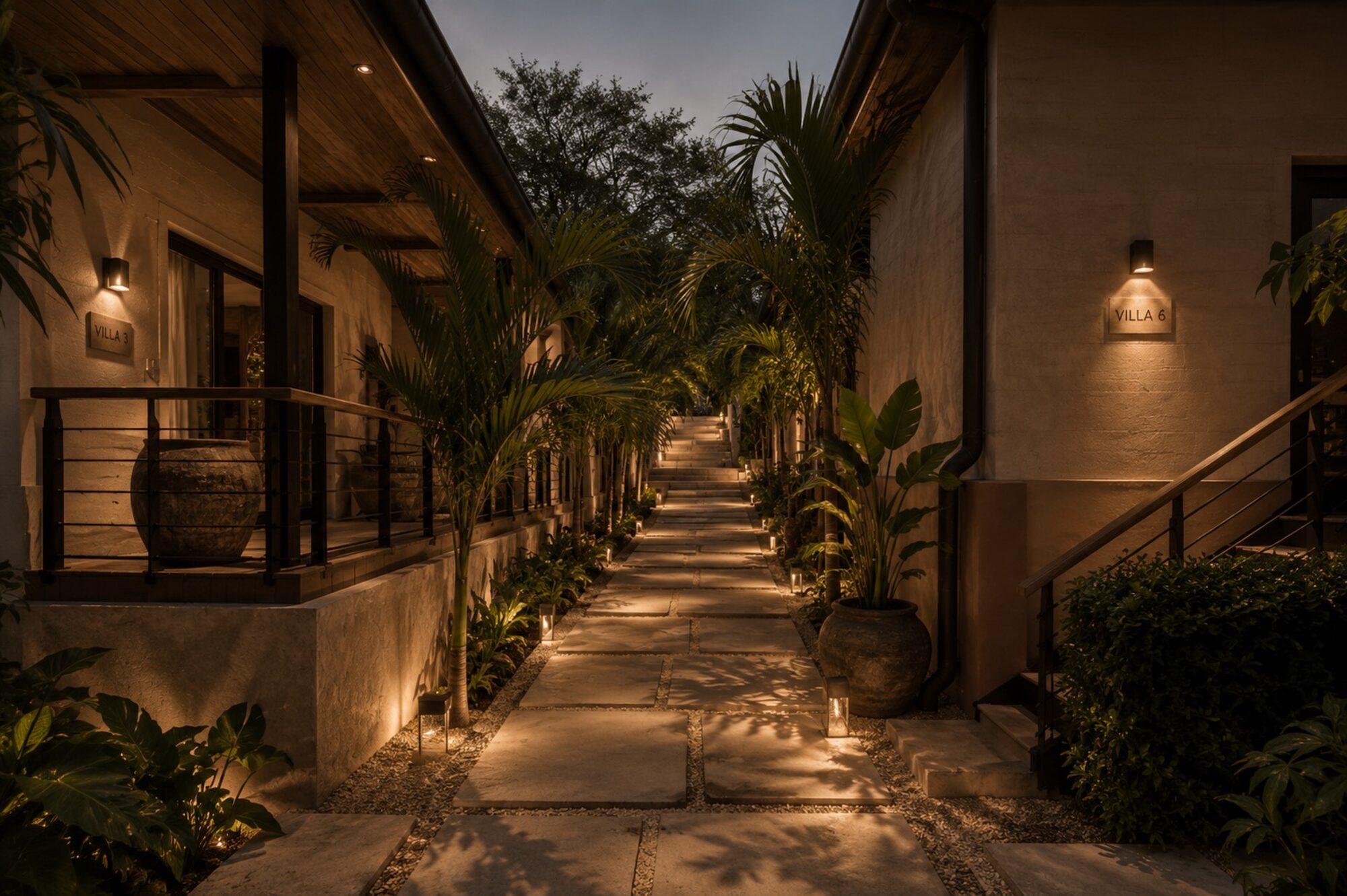 Lantern-lit villa pathway at dusk
